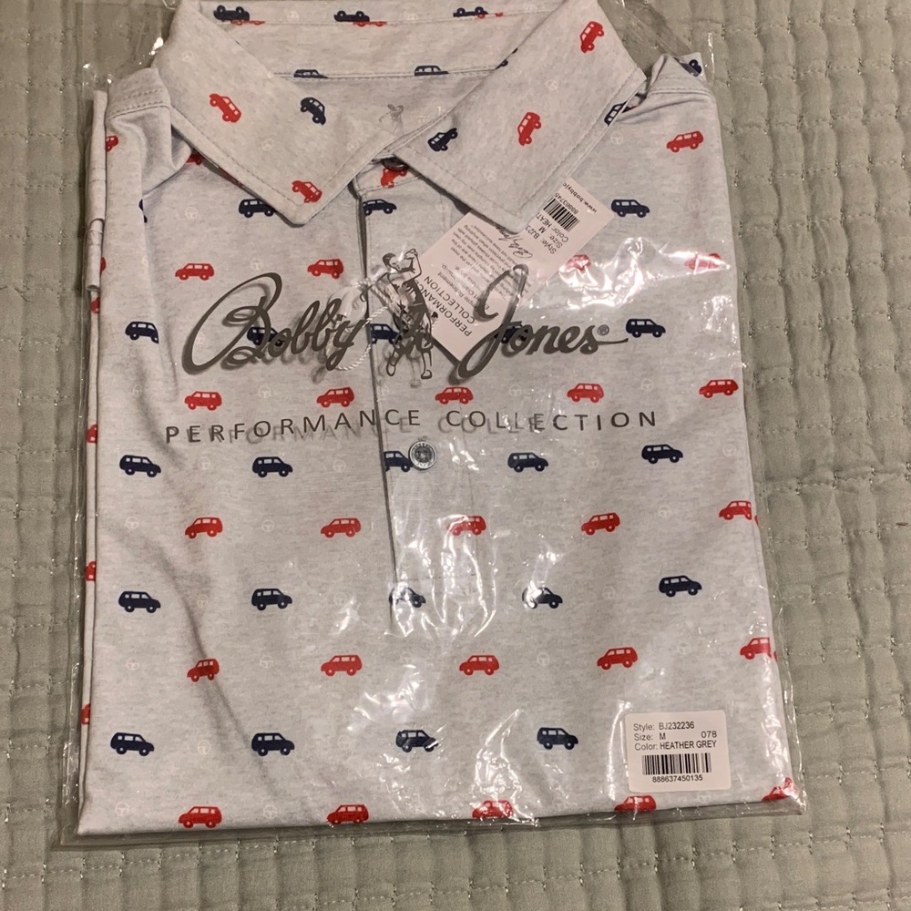 Bobby Jones performance collection Light Gray Polo Shirt Car Pattern Size M NEW